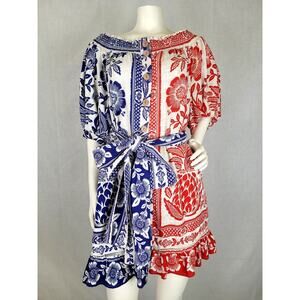 Farm Rio Mixed Pineapple Garden Mini Dress Linen Blend Red & Blue Tie Waist Sz M